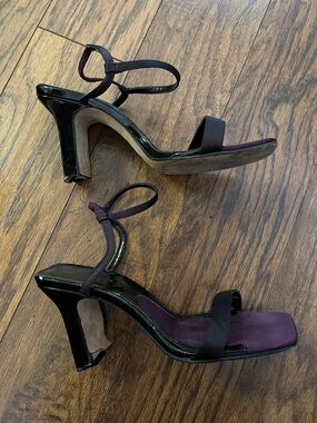 Jennifer Moore Black Patent Strappy Heels with Plum Insole